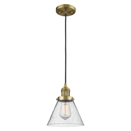 Innovations Lighting Large Cone Vintage Dimmable Led 8" Brushed Brass Mini Pendant With Seedy Glass 201C-BB-G44-LED